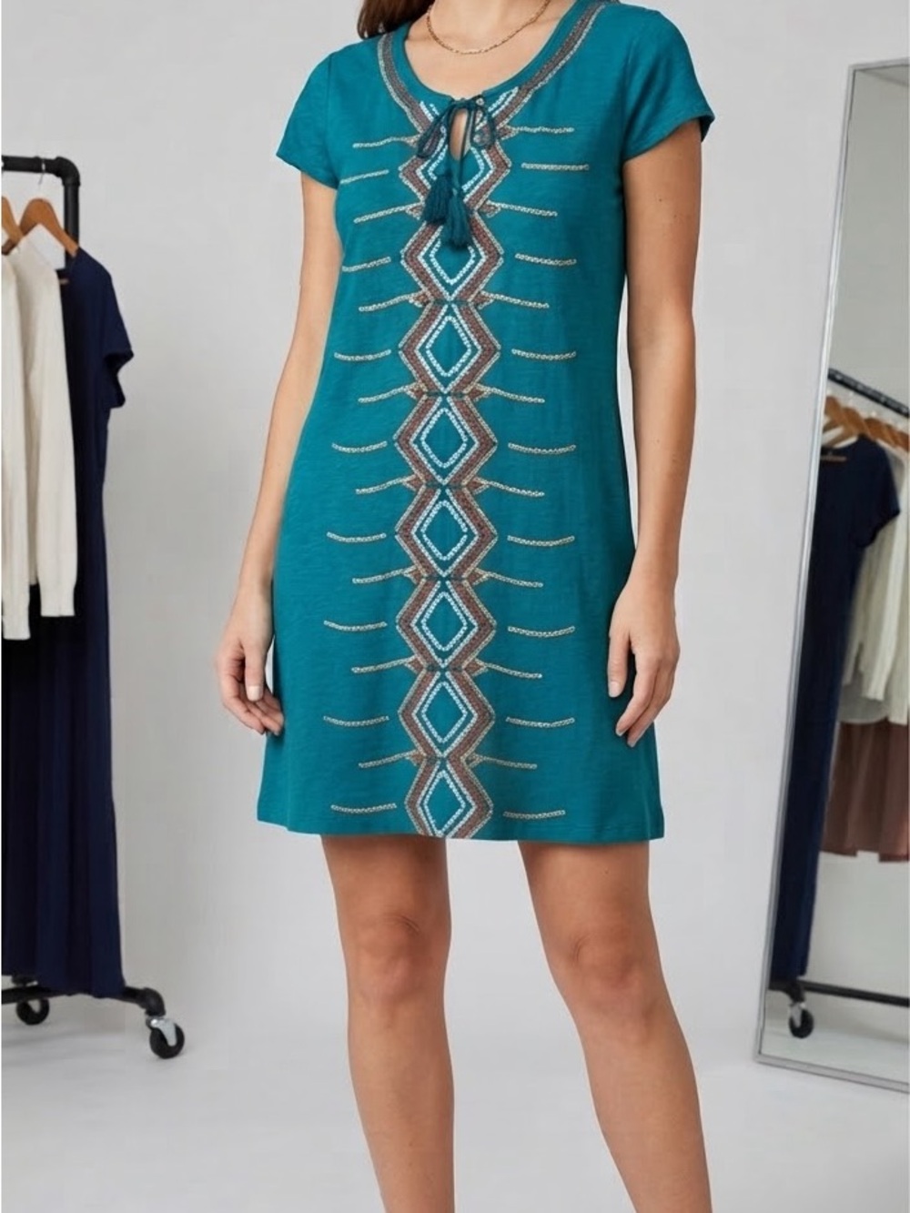 Luxology Teal Embroidered Tassel Shift Dress